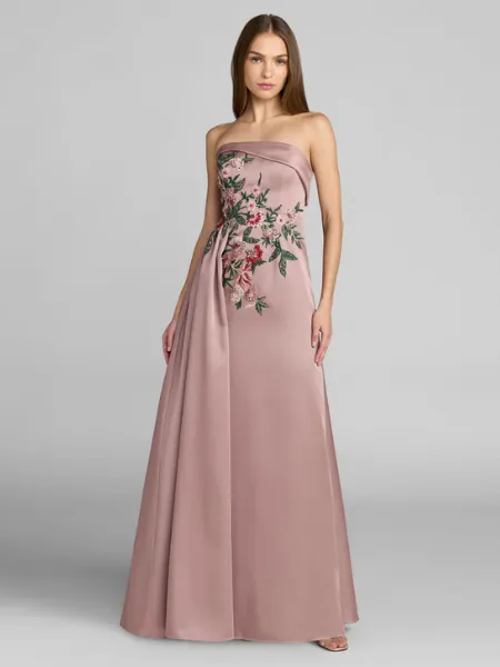 Purple Floral Embroidered Satin Strapless Gown